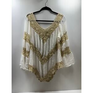 Umgee Women’s Boho Festival Artsy Tunic Blouse Crochet Trim Bell Sleeves Sz L